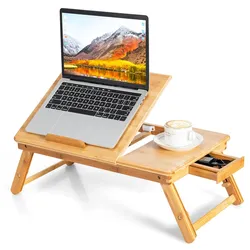 COSTWAY Bambus Laptoptisch klappbar, höhen- & neigbar, mit Schublade, für Lesen & Frühstück, 53x33x20-26,5 cm