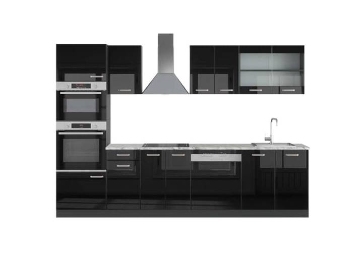 Vicco Küchenzeile R-Line, Schwarz Hochglanz, 300 cm 8 Module · Höhenverstellbare Füße · Arbeitsplatte Marmor · Robuste Fronten · Mit Backofen-/Mikrowellenschrank