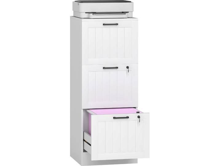 HOMCOM Caisson bureau avec 3 tiroirs et serrures\, meuble rangement bureau avec barres de suspension réglables pour documents\, caisson de rangement compact pour travail ou chambre\, 40x40x101cm\, blanc