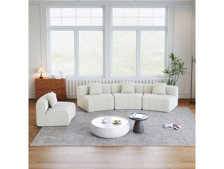 Canapé modulable courbé AESVAR 4 places en chenille beige 2 coussins inclus livré monté