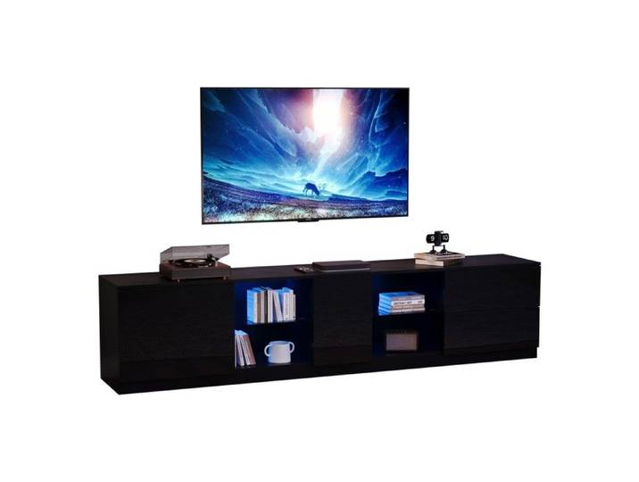Meuble TV Noir Brillant 160x40x52cm Éclairage LED Lowboard Compatible TV 65  Commode Rangement Salon Chambre