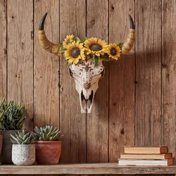 Deko Schädel HWC-Q10, Polyresin Stier Bulle Longhorn Kopf Trophäe mit Verzierung Sonnenblume, In-/Outdoor 42cm