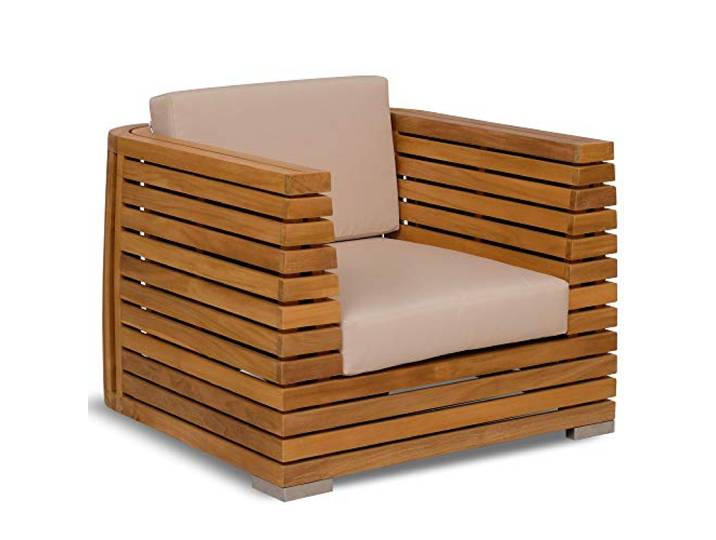 Teako Design Loungesessel Picardie aus Teak mit Armlehnen und Auflagen Wetterfest unbehandeltes Masivholz Gartensessel