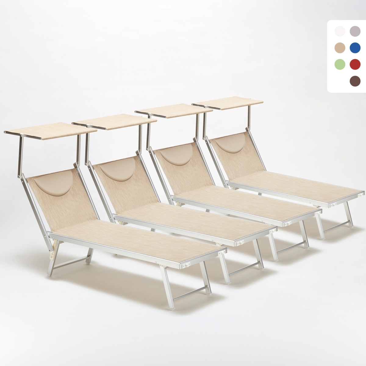 4er Set professionelle Strandliegen aus Aluminium mit Dach Santorini - Beige
