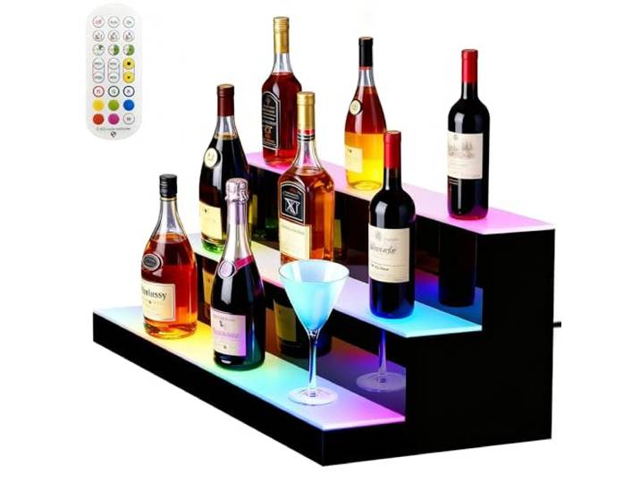 Cityjoy LED-beleuchtetes Regal für Likörflaschen, 3 Ebenen, USB-beleuchtetes Flaschenregal, Home Bar, Getränke, Acryl, Beleuchtungsregale, 24 Flaschen mit RF-Fernbedienung, 7 statische Farben