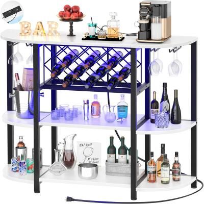 Rackcog 4-Tier Wine Bar Cabinet with Outlet and LED Light,Freestanding Bar Table with Glass Holder and Wine Storage
