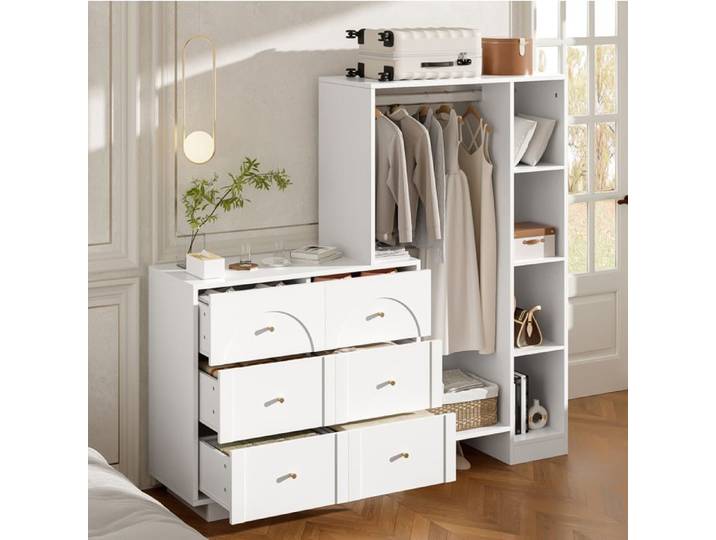 VUENOR Armoire ouverte de chambre 139 x 35 x 133 cm blanc – penderie avec 6 tiroirs et étagères latérales