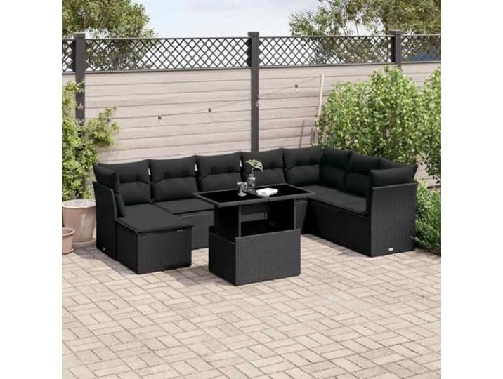YUTAASU 9-TLG. Poly Rattan Sofagarnitur Schwarz mit Kissen