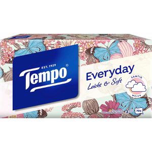 Tempo Taschentücher Everyday, Leicht & Soft, Box, Zellstoff, 3-lagig, waschmaschinenfest, 70 Tücher