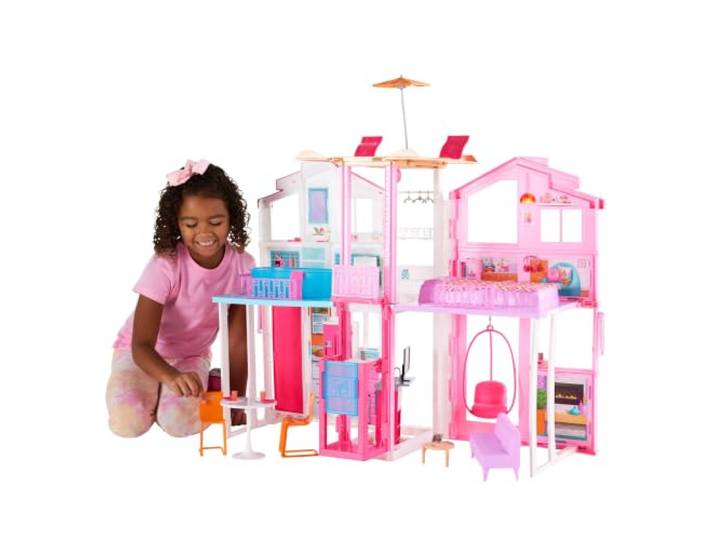 Barbie 3-stöckiges Stadthaus Puppenhaus Aufzug, Schaukelstuhl, Möbel & Zubehör, faltbar für Reisen, DLY32