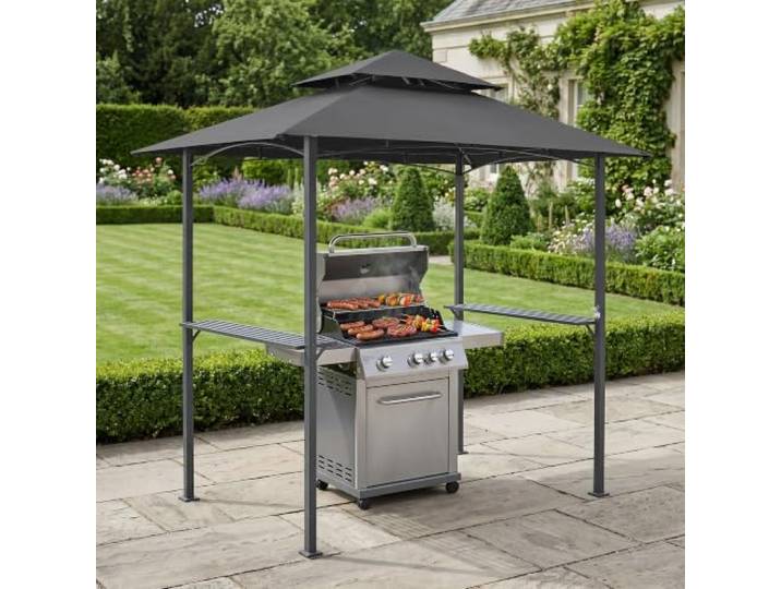 [en.casa] Grillpavillon Parga 250 x 241 x 151 cm Grillzelt mit 2 Ablagen BBQ Grill Pavillon mit Doppeldach Grilldach Grillunterstand Stahlgestell Dunkelgrau