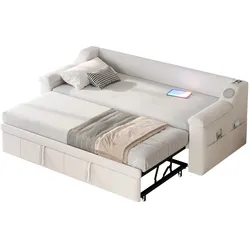 Polsterbett 90/180x190 cm mit Bluetooth-Stereoanlage und USB-Anschlüssen – multifunktionales Design in Beige