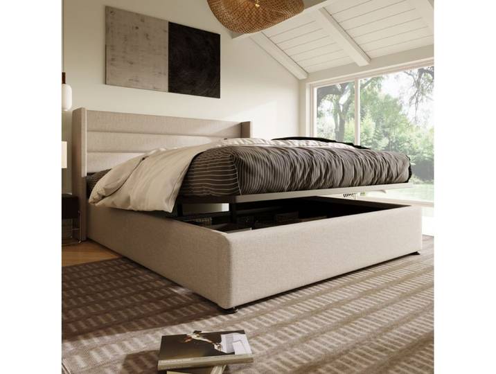 ULEVR Lit coffre hydraulique 180x200 cm en lin beige lit rembourré avec sommier à lattes en bois