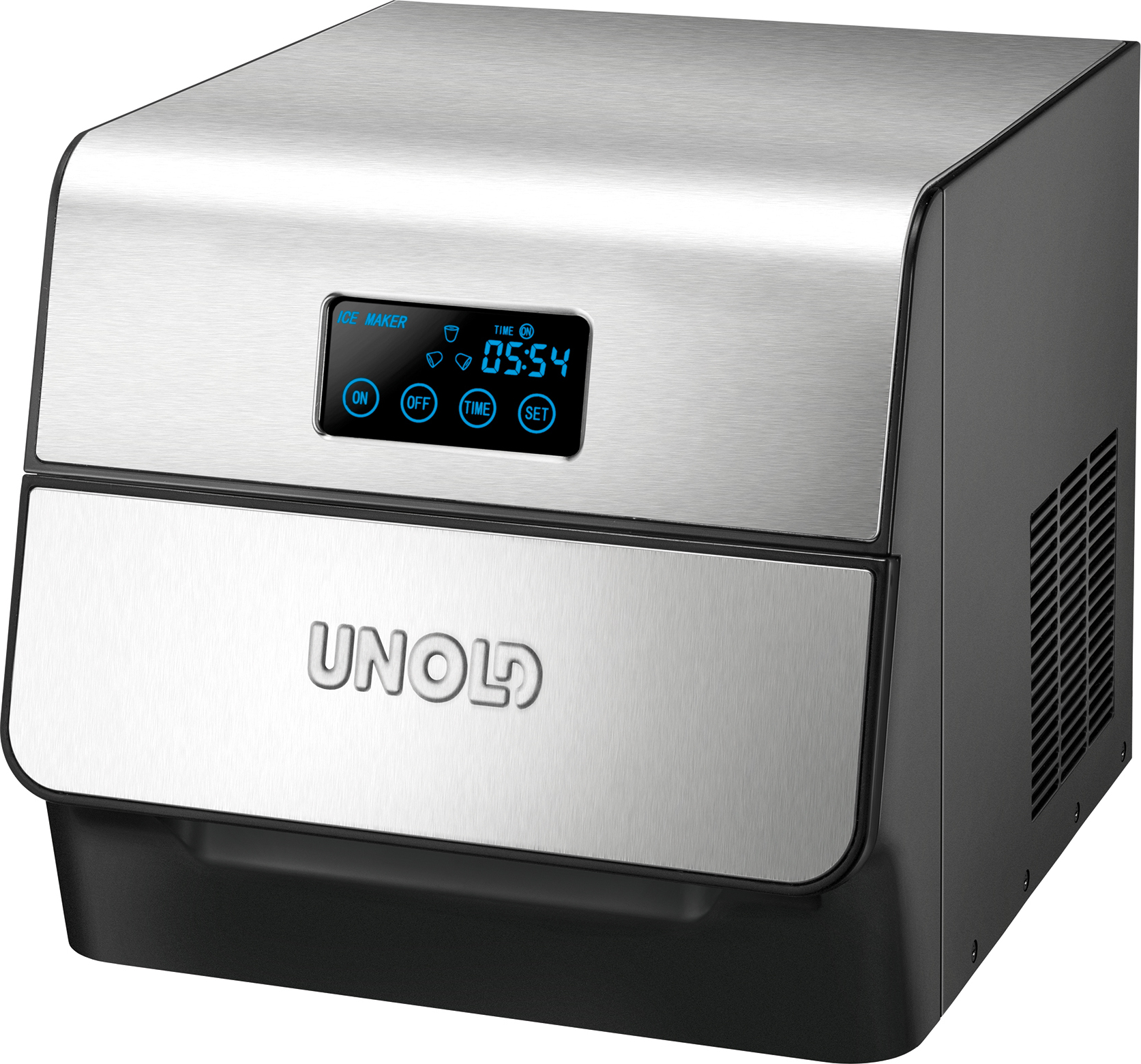 Unold Edel 48955 - Eiswürfelbereiter 1.5l, Rostfreier Stahl, 1 Load, Eiswürfel in 1 h, Touch Display
