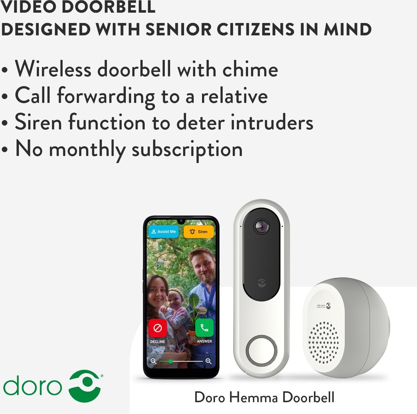 Doro Hemma Smart Wireless Video Doorbell for Seniors with Camera and Chime