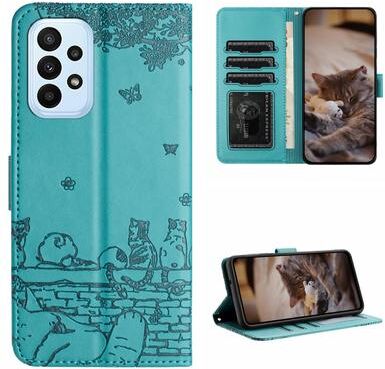 Inspired Deals Cute Cat Embossed Wallet Phone Case For Samsung Galaxy With Card Holder And Lanyard For Samsung Galaxy A23 blue