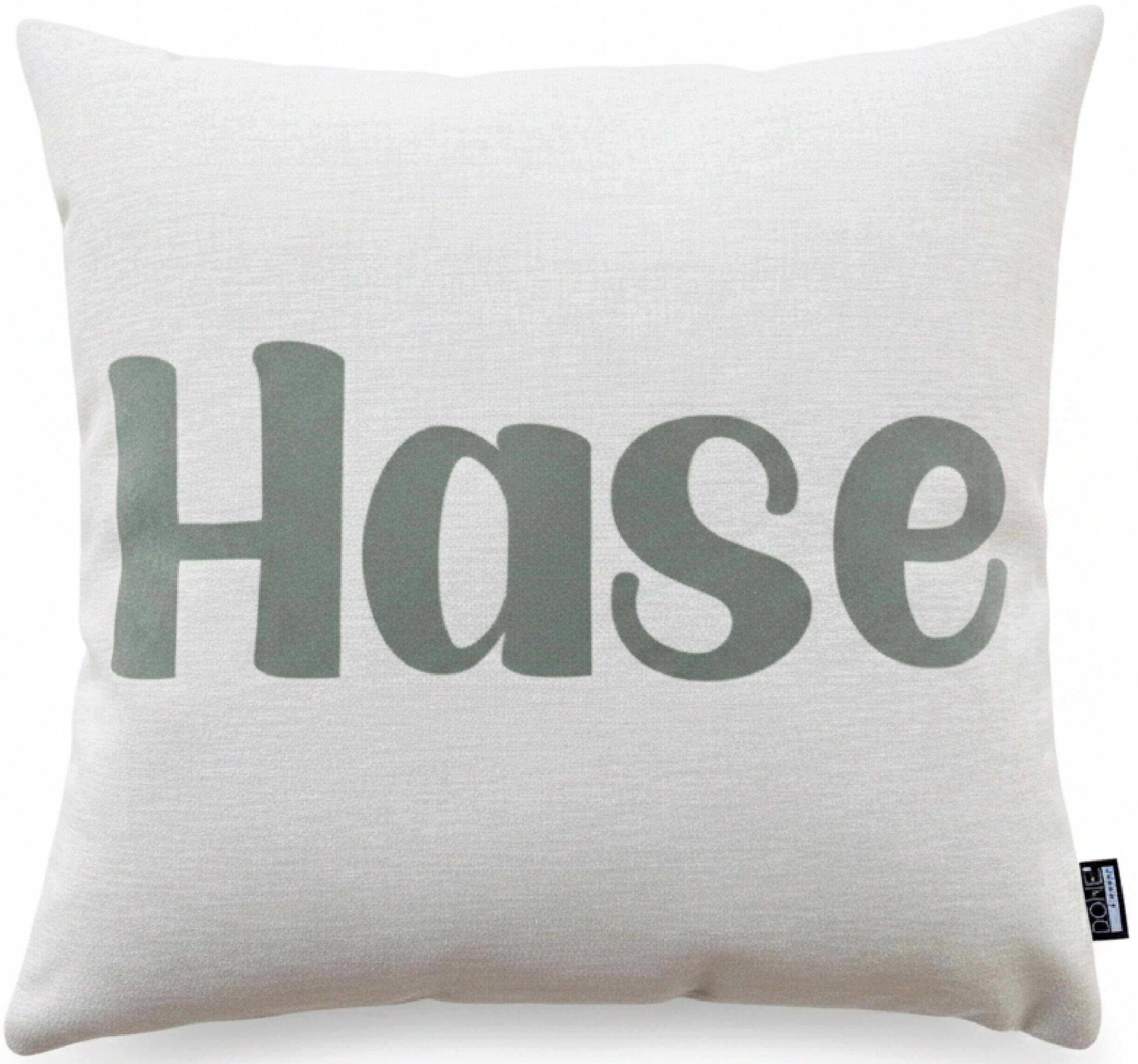 Dekokissen DONE. "HASE", beige (beige, khaki, schriftzug bedruckt), B:45cm L:45cm, Polyester, Dekokissen_Sitzkissen_Kissenhüllen, Dekokissen, Weicher Chenille-Stoff Kuschelige Beflockung beige, khaki, schriftzug  bedruckt B/L: 45cm x 45cm, 1 Stk.