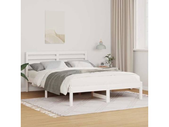 Massives Kiefernholz Plattformbett minimalistisch 120 x 190 cm Weiß Bettgestell 120x190 cm mit Kopfteil Weiß Massives Kiefernholz Plattform-Lattenrost Stabil Stilvoll Schlafzimmer-Möbel