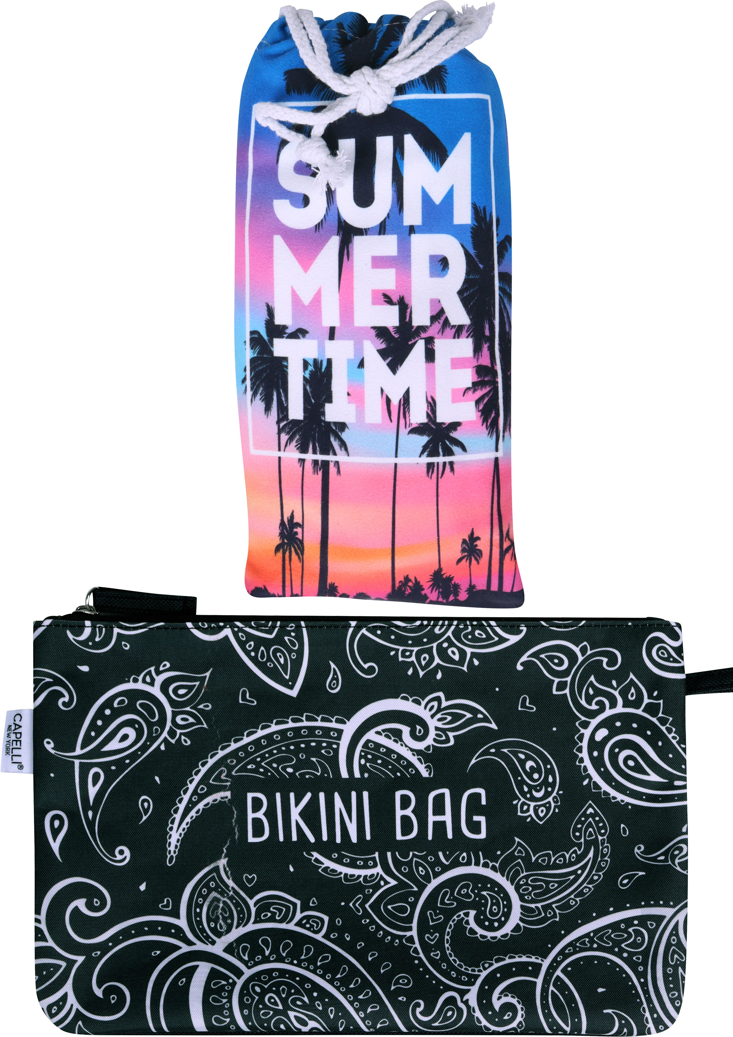 Strandtuch CAPELLI NEW YORK, Damen, Gr. 1 Stk., Palmen Sonnenuntergang, Frotteevelours, multi, Frotteevelours, Mikrofaser, Paisleymuster, gemustert, Handtücher Strandtuch, schnell trocknend, inklusive Bikini-Bag multi 1 Stk., Palmen Sonnenuntergang, Frott
