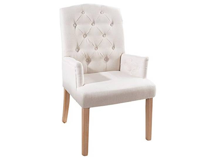 Stuhl CASTLE - 59cm - beige - Strukturstoff Holz-Beine Armlehne Ziersteppung, hoher Komfort, bequeme Polsterung, stabil, Massivholz, Chesterfield