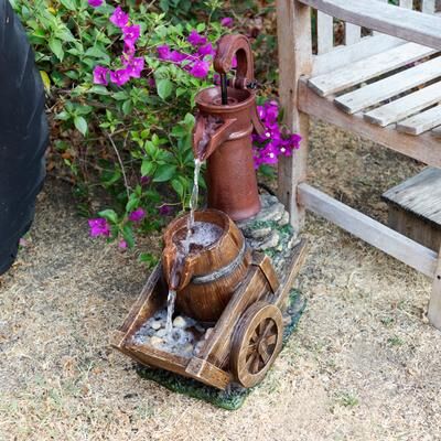 Alpine Corporation 23"" Tall Vintage Water Pump with Wheelbarrow Fountain Yard Art Décor, Multicolor"