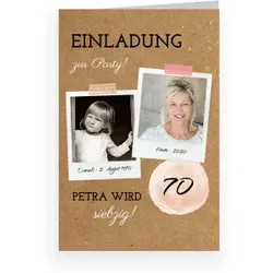 70. Geburtstag Einladungskarte in Braun im Design "Kindheitserinnerungen - 70" - Musterkarte
