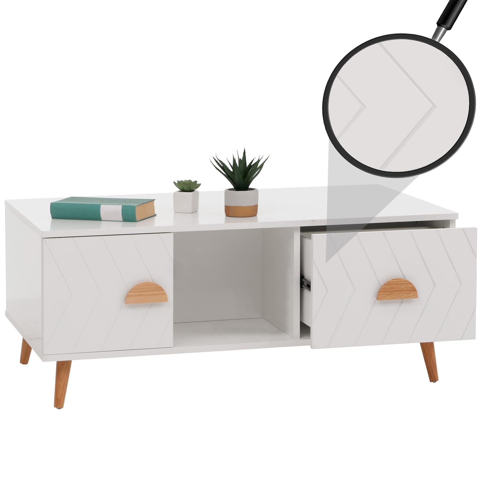 Couchtisch MCW-N89, Beistelltisch Sofatisch, Schubladen Türen Fächer Fischgrätenmuster Melamin Holz, 42x103x60cm ~ weiß