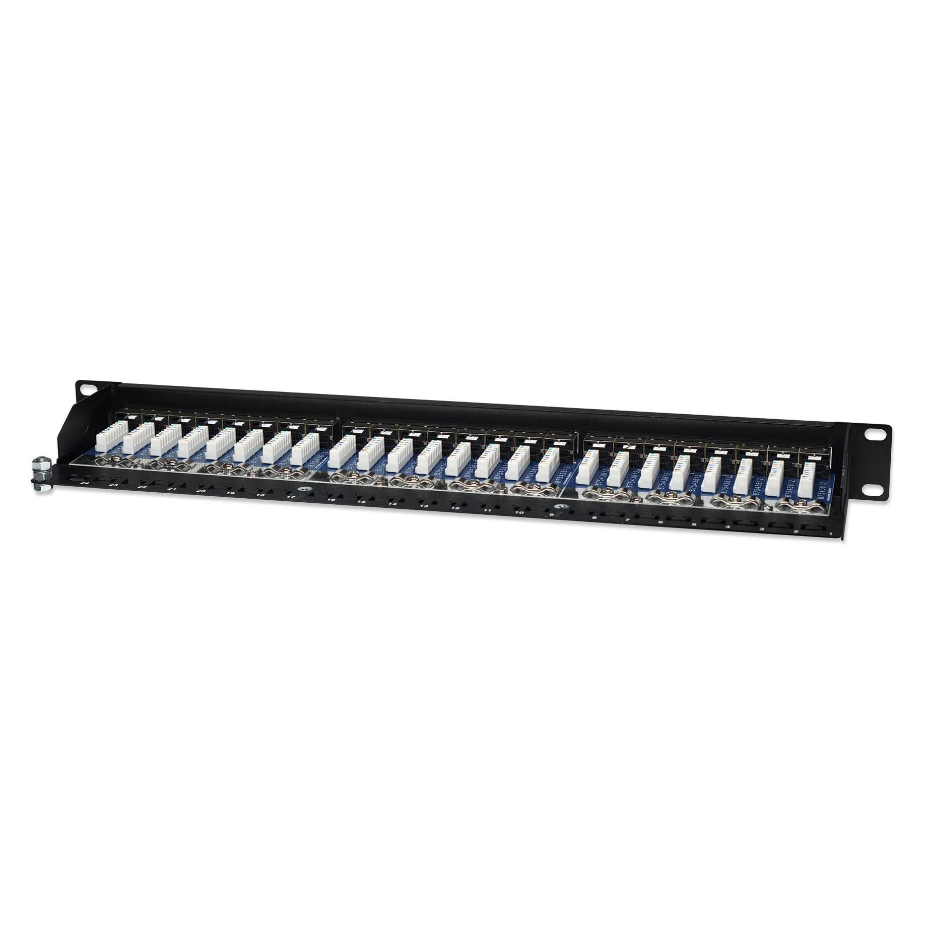 Intellinet Cat5e Patchpanel 24-Port FTP geschirmt 1HE Klemmleisten mit 90 Grad abgewinkelten Kabeleinfuehrun... (513487)