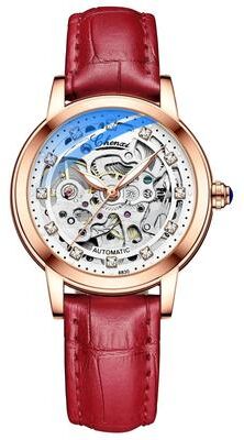 Uplift Essentials Luxury Skeleton Tourbillon Automatic Mechanical Watch Premium Stainless Steel Waterproof Timepiece For Women red