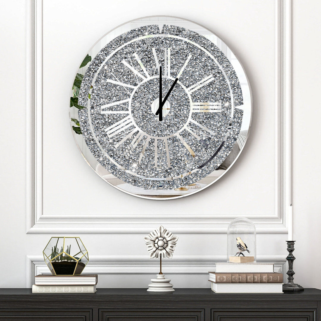 Blue Elephant 60x60cm Wall Clock Crushed Diamond Mirrored Round Accent Clock Silver 60cm W X 60cm H X 2.6cm D