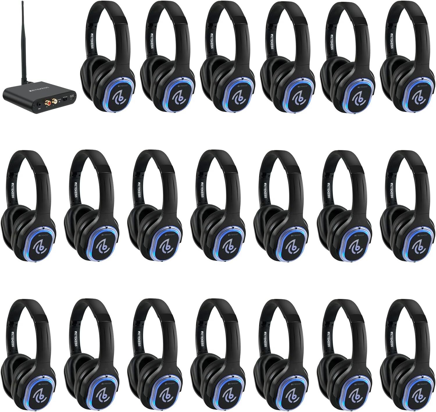 Retekess TA004 Silent Disco Starter Kit, Kopfhörer Wireless für TV, 200M, HIFI-Klangqualität, 20 Kopfhörer, Kopfhörer für Partys, Fitnessstud, Yoga
