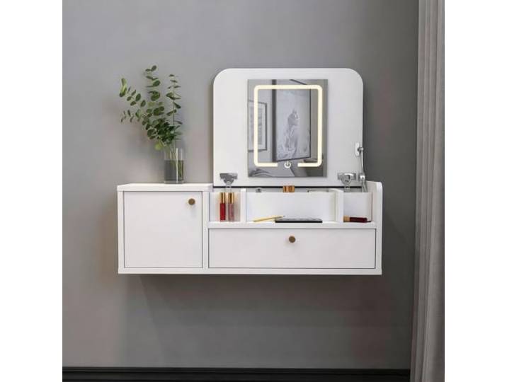 Schwebender Schminktisch, Holztisch mit LED-Spiegel Platzsparende Konstruktion für Schlafzimmer, Wohnzimmer und Ankleide(White-r,100cm/39.37in)