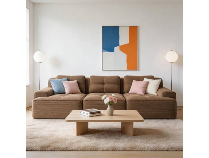Canapé modulable - Cloud Boneless en U - Velours côtelé marron - 2 places + pouf - Assise profonde 32D