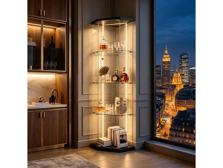 EZSSW Vitrine d'angle LED RGB avec serrure verre trempé étagères réglables vitrine de collection - noir bandeau lumineux