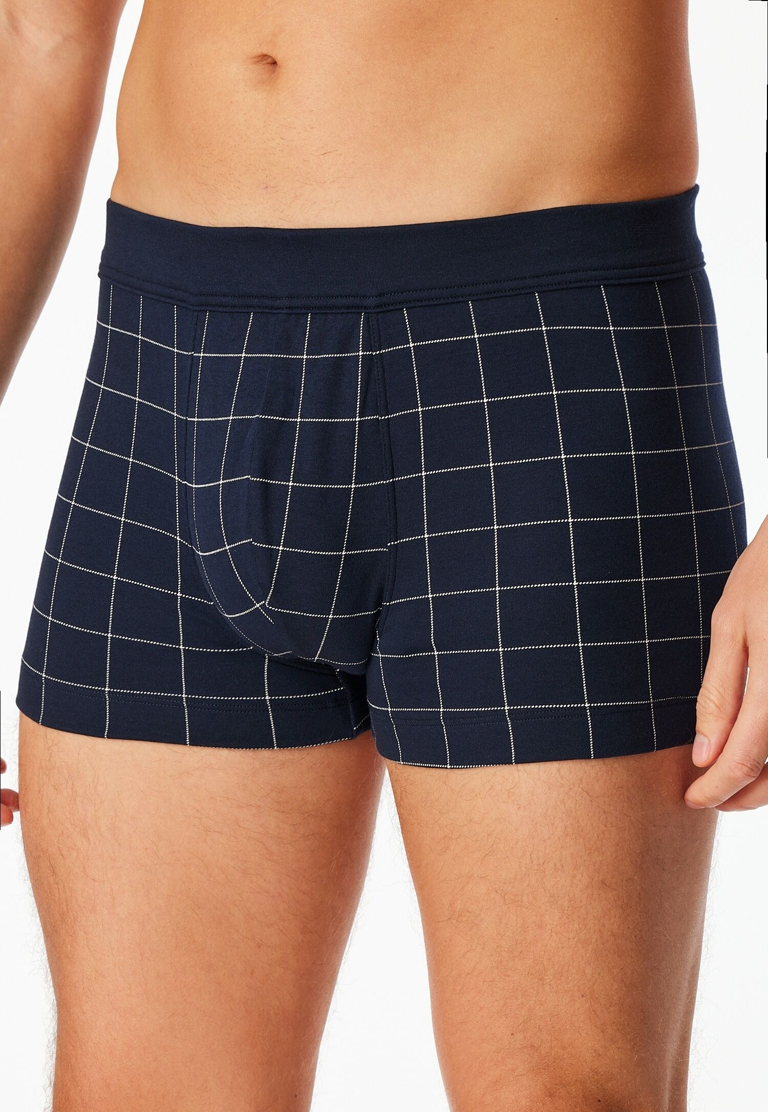 Boxershorts SCHIESSER "Fine Interlock", Herren, Gr. 8, Interlock, blau (804, blau), Interlock, Obermaterial: 95% Baumwolle, 5% Elasthan, körpernah, Unterhosen Boxershorts, ohne Eingriff, Karo-Muster, Interlock-Qualität