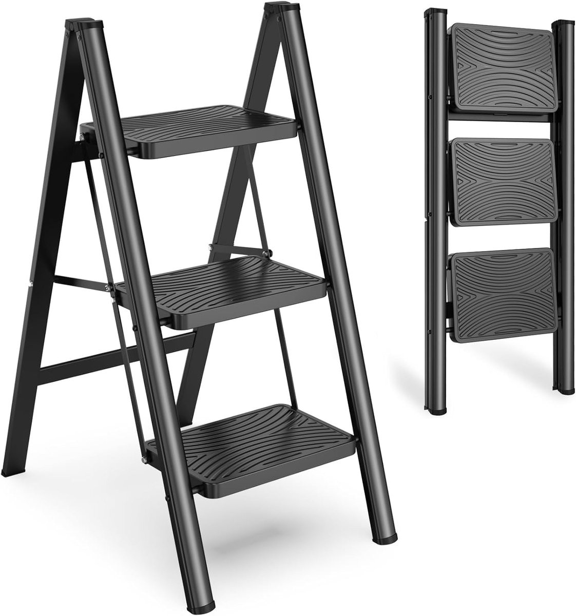 Famanu Opvouwbare Trapladder met 3 Treden, Zwart Staal, Draagvermogen 150 kg