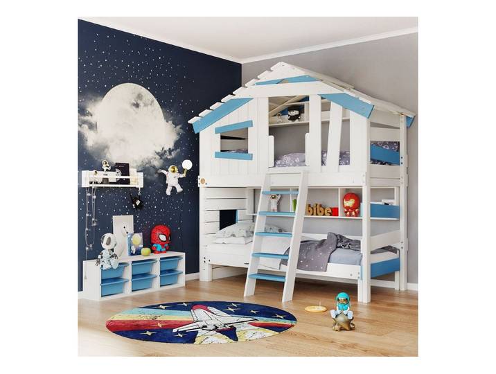 bibex Hochbett ALPIN CHALET Hochbett + Unterbett, Doppelbett, Etagenbett - Blau/Weiss