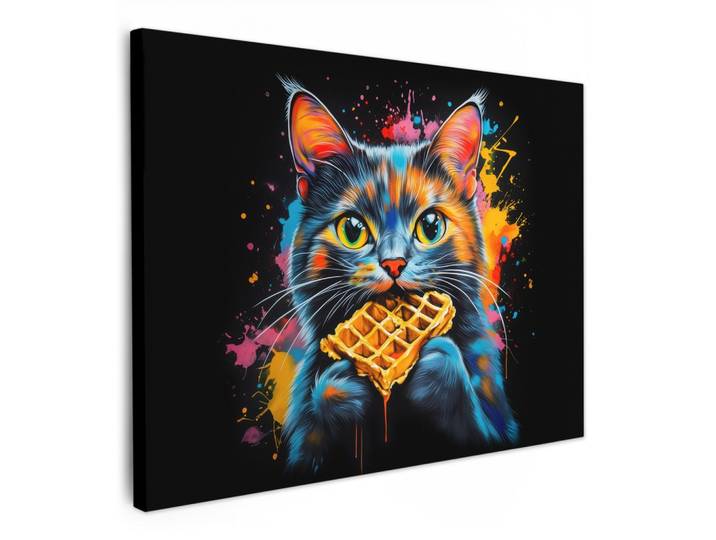 LEINWANDBILD Katze - Graffiti - Bunt - Waffel - Essen Wandbilder 80x60 cm