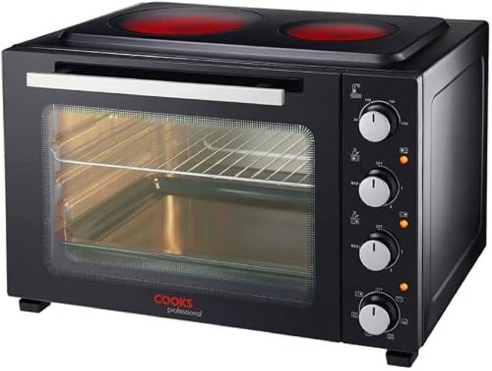 Cooks Professional Tragbarer Mini-Ofen mit Keramik-Kochfeldern Elektrischer Tischherd mit zwei Kochplatten, Backrost & Backblech Küchen-Grillofen 48 l Fassungsvermögen Schwarz & Silber