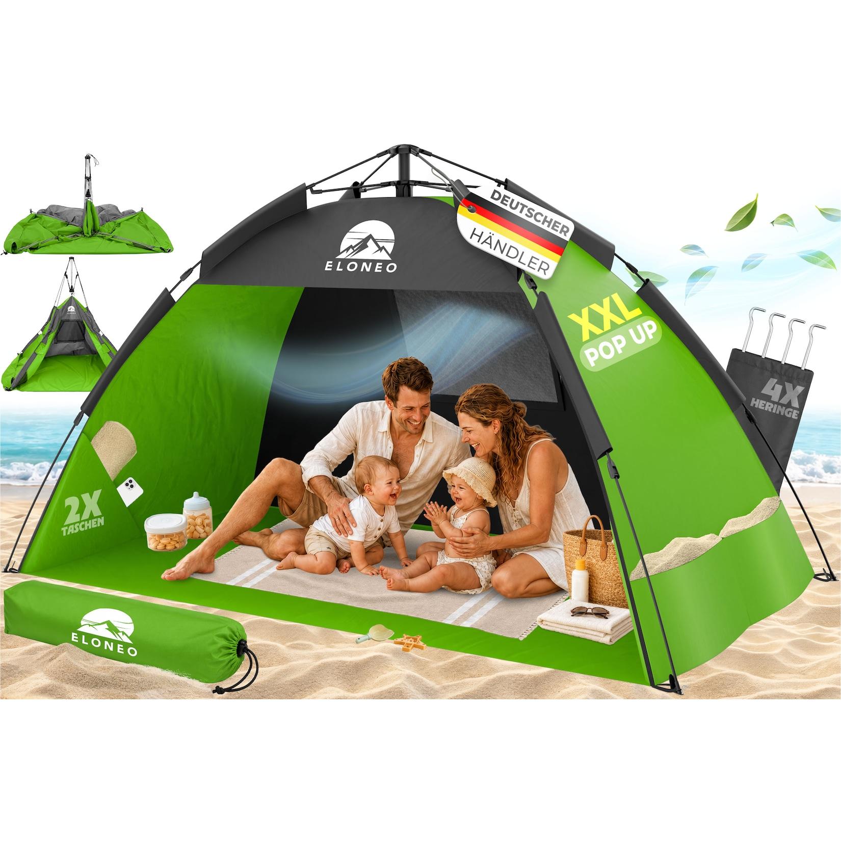 ELONEO Pop Up Strandmuschel UV Schutz 80+, Leichter Aufbau und kleines Packmaß inkl. Tragetasche, Strand Sonnenschutz & Windschutz für Babys und Erwachsene, Grün, 220x150x130 cm