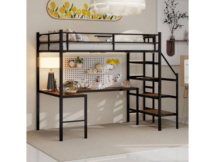 MEUBLIV Lit mezzanine enfant 90x200cm avec bureau escalier rangement et étagères métal noir sans matelas