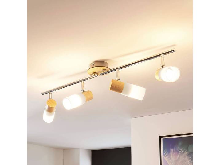 Lindby Deckenstrahler Christoph, 68 cm, 4-flg., Holz, Glas Christoph, Holz hell, für Wohn- / Esszimmer, Holz, Landhaus / Rustikal, Strahler