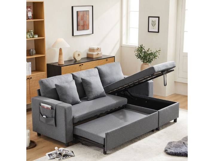 Canapé d'angle convertible 3 places 219 5x142 5x83 cm avec rangement Lin Gris foncé