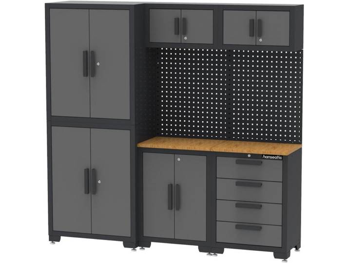 Werkstatt-Set HANSEATIC Hanseatic Werkstatt-Set Sydney , grau, B:195cm H:192cm L:195cm T:47cm, Bambus, Metall, Stahl, Werkbänke, Werkstatt-Set, vormontiert, abschließbar, höhenverstellbar