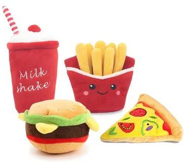Inspire Curations Fast Food Squeaky Plush Dog Toy (Burger, Fries, Pizza, Or Milkshake) For Chewing & Play set Of Four