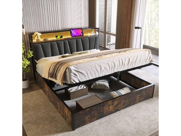 Laxnb Bett 140x200 cm Doppelbett, LED-Kopfteil mit USB&Steckdosen, Bett mit Stauraum, Jugendbett, Hydraulisches Stauraumbett Metallbett Bettgestell mit Lattenrost aus Holz, Leinen Grau, Ohne Matratze