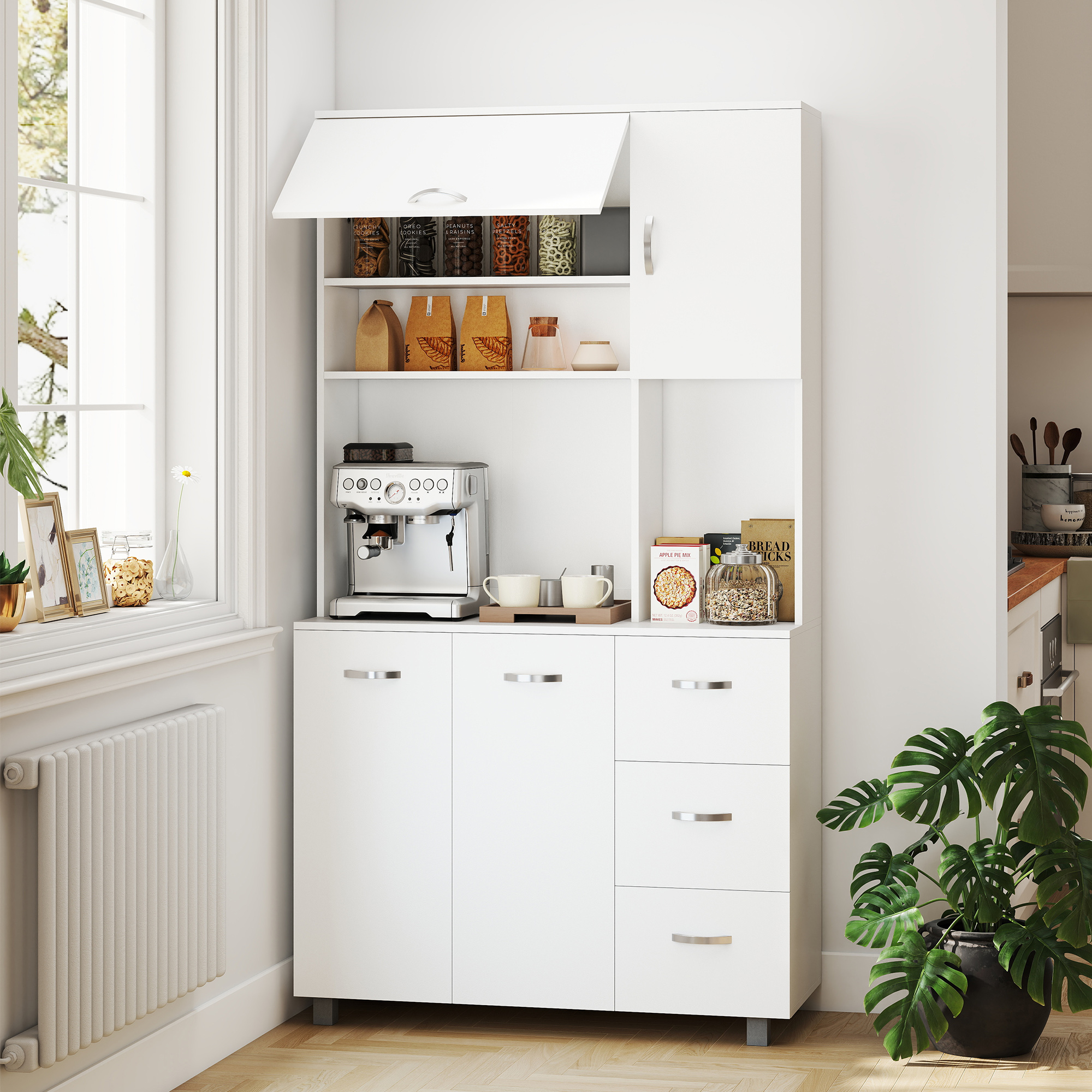 Homcom Credenza da Cucina Moderna con Cassetti, Armadietti e Ripiani Aperti, 100x39.5x183.5cm, Bianco Aosom