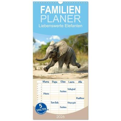 Familienplaner 2026 - Liebenswerte Elefanten mit 5 Spalten (Wandkalender, 21 x 45 cm) CALVENDO