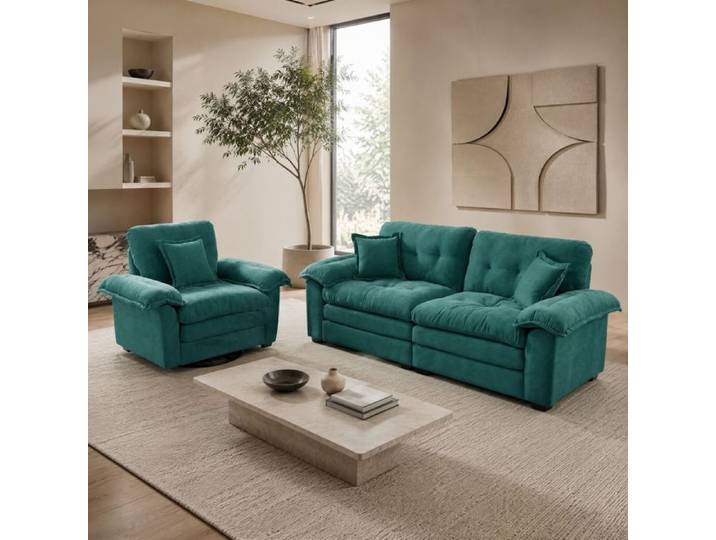 ULEVR Ensemble canapé 2 pièces en chenille vert 1 place + 2 places coussins inclus assise profonde charge 130 kg