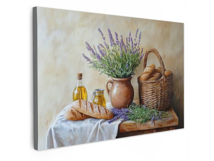 MuchoWow Leinwandbild - Lavendel - Brot - Stilleben - 90x60 - Deko Wohnzimmer, Flieder, Textil, Kiefer, Abstrakt, Rechteckig, 90x60 cm, gerahmt, Bilder & Rahmen, Bilder, Wandbilder
